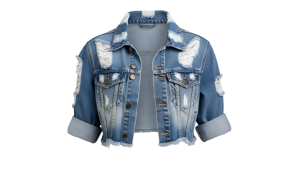 Distressed light wash cropped denim outerwear displayed against a solid black background