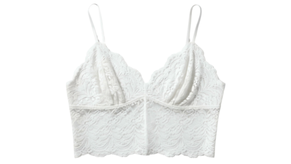 Delicate white lace crop top garment displays intricate floral patterns against a black background