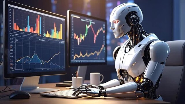 Futuristic AI robot utilizing advanced algorithms to analyze real-time stock market data on multiple monitors for automated trading