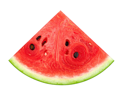Juicy watermelon slice with seeds, vibrant red flesh, and a refreshing green rind isolated on white