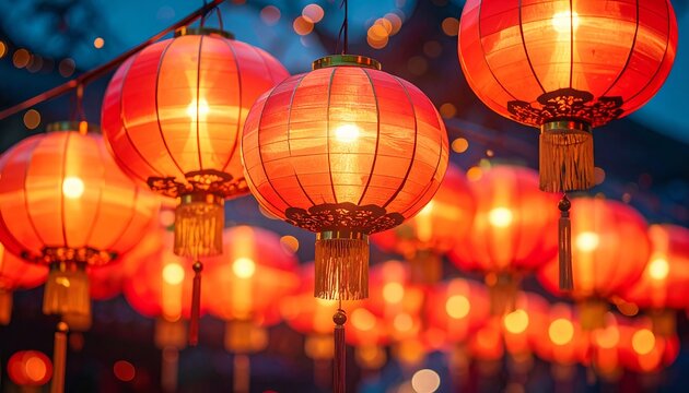 Traditional Chinese red lanterns hanging beautifully in the night sky during Chinese New Year, glowing warmly with festive light, symbolizing happiness, prosperity, and joyful celebration