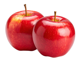 Two shiny red apples with stems on a white background, close-up