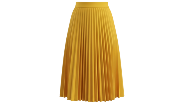 Bright yellow pleated midi skirt displayed isolated against a solid black background