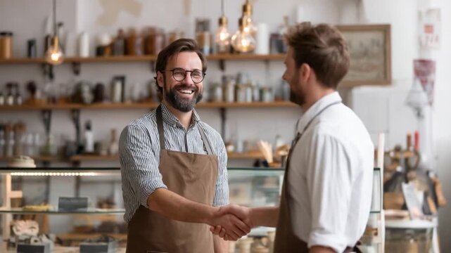 Cafe Handshake: Two friendly cafe owners, adorned in aprons, engage in a business-like handshake, symbolizing agreement and collaboration amidst the inviting ambiance of their shop. 