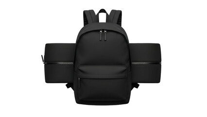 Modern black backpack design featuring expandable side compartments with zippers