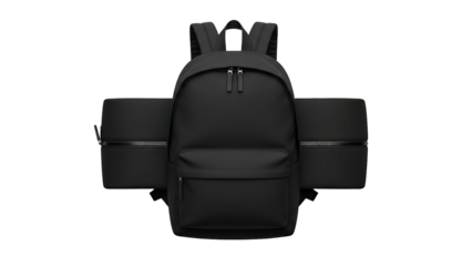 Modern black backpack design featuring expandable side compartments with zippers