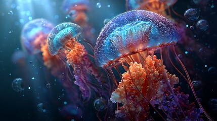 Naklejka premium Jellyfish Swimming in Ocean Water with Bubbles and Sun Rays