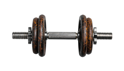 Rusty dumbbell with threaded bar against black background