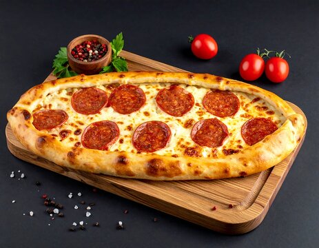 Delicious, oval-shaped flatbread with pepperoni and cheese, on a wood board
