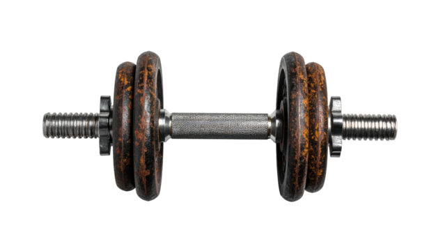 Rusty dumbbell with threaded bar against black background