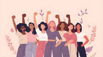 International Women's Day celebration illustration Diverse group of confident women standing in unity with raised fists symbolizing empowerment and equality promoting accelerate actionin vibrant flat