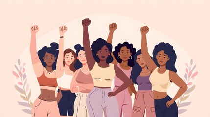 International Women's Day celebration illustration Diverse group of confident women standing in unity with raised fists symbolizing empowerment and equality promoting accelerate actionin vibrant flat