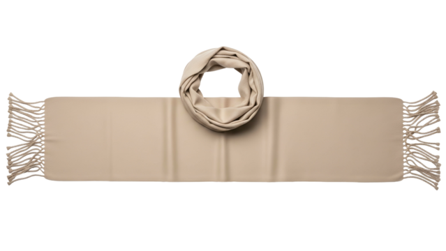 Rectangular beige fabric accessory featuring fringed edges and a coiled center knot is displayed against a solid black background.
