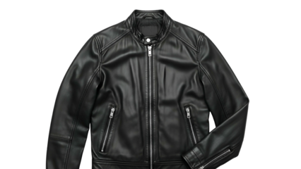 Classic black leather motorcycle style jacket displayed against a dark background