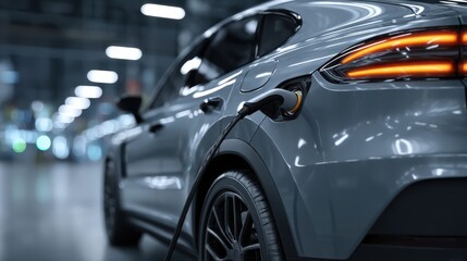 A sleek electric car is charging, showcasing modern design and technology in a well-lit indoor environment.