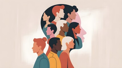 Woman face silhouette in profile with group of multicultural and multiethnic women faces inside.Concept of racial equality anti-racism and a woman who gives voice to other women. Allyship