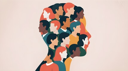 Woman face silhouette in profile with group of multicultural and multiethnic women faces inside.Concept of racial equality anti-racism and a woman who gives voice to other women. Allyship