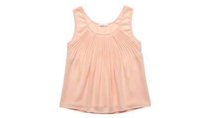 Sleeveless peach colored blouse featuring fine vertical pleats on the bodice