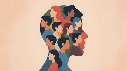Woman face silhouette in profile with group of multicultural and multiethnic women faces inside.Concept of racial equality anti-racism and a woman who gives voice to other women. Allyship