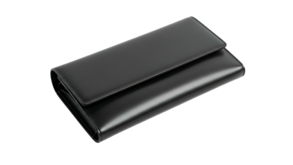 Sleek black leather clutch accessory displayed against a solid dark background