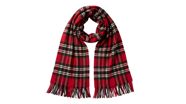 Folded winter textile accessory features a classic red plaid pattern against a dark background