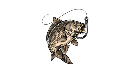A stylized illustration of a common carp fish caught on a fishing hook, dynamically jumping from the water with its mouth open in a struggle.