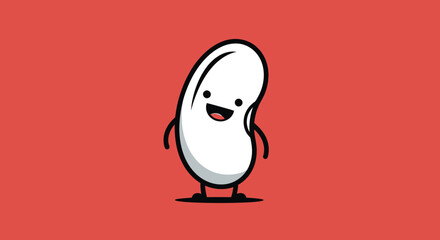 Cheerful cartoon bean character with arms, legs, and a wide grin, set against a red background