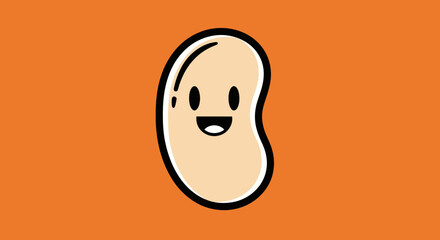 A cartoonish, happy lima bean with a white outline and an orange background