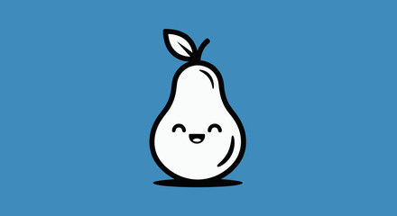 A smiling, cartoon pear with a small leaf against a blue backdrop