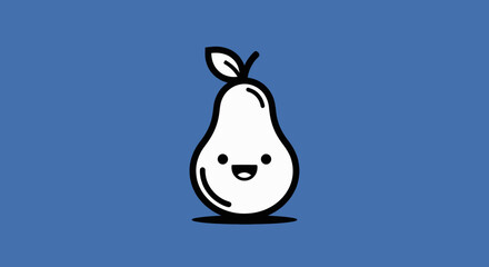 Smiling pear character with a leaf, set against a blue background. Outline style illustration