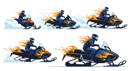 Dynamic illustration of snowmobilers racing at high speed across snowy terrain with fiery trails, emphasizing action and winter adventure.