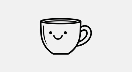 Black outline drawing of a smiling coffee cup on a light gray background