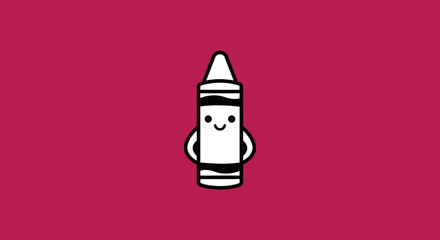 Smiling cartoon crayon character with arms, black outline, on a maroon background