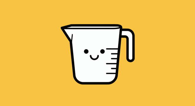 A friendly cartoon measuring cup with a smile on a yellow background