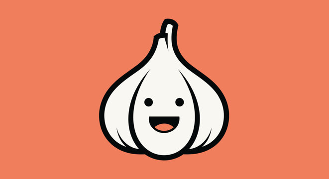 A cartoon garlic bulb with a smiling face on an orange background