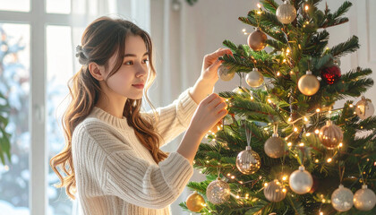 Beautiful young woman in a warm sweater hanging golden ornaments on a twinkling Christmas tree indoors. Warm light and holiday preparations.