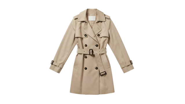 Classic beige belted outerwear garment displayed against a solid black background