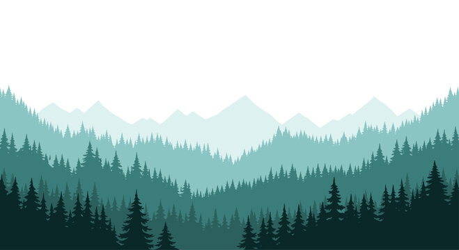 Scenic layered mountain and forest landscape with dense pine tree silhouettes in varying shades of green, receding into a clear, vast horizon.