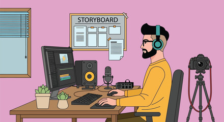 Video editing setup with storyboard and camera for content creation