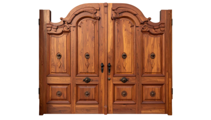 Carved wooden ornate gate featuring curved arch and panels