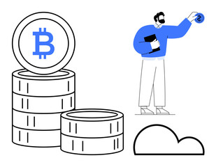 Person holding digital token near Bitcoin coin stacks and cloud storage concept. Ideal for cryptocurrency, finance, investment, digital banking, blockchain, technology, data management. Simple flat