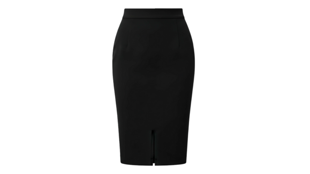 Tailored straight black garment featuring a small rear vent against a dark background