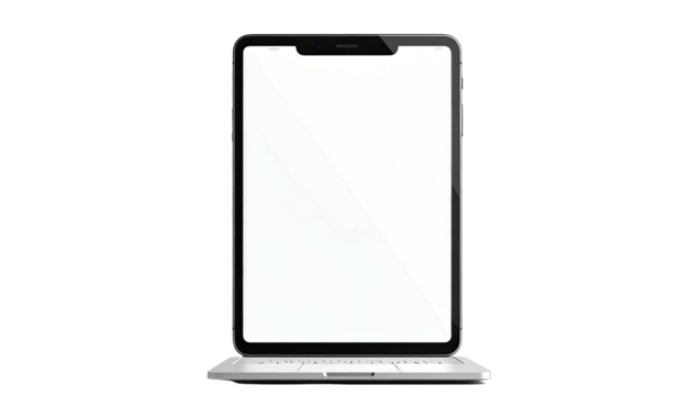 Tablet on keyboard, facing forward, blank white screen, black background