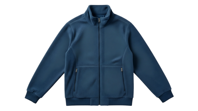 Warm blue fleece outerwear garment displayed against a solid black background