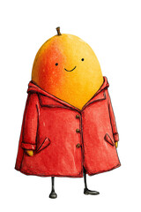 Watercolor illustration of cute mango fruit character wearing red coat with smile. Happy tropical fruit mascot with yellow stem and buttons for children's book illustration and playful kids' character