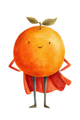 Watercolor illustration of cute orange fruit superhero with red cape and smile. Funny character with green leaves and arms for children's book illustration and playful kids' design concepts.