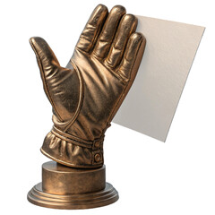 Stunning golden glove trophy holding blank card ready for your personalized message, perfect for achievements, awards, or celebrations, adding a touch of elegance