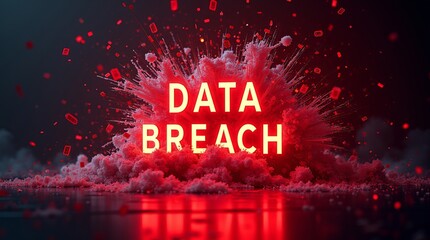 A dramatic representation of a data breach with bold red text exploding against a dark background, conveying urgency and threat.