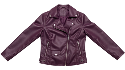 Plum colored faux leather motorcycle style jacket displayed flat against a black background