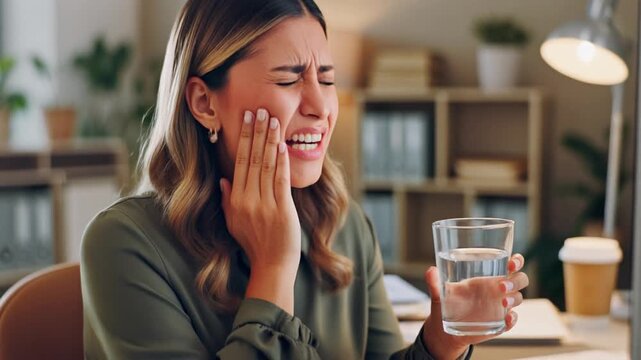 Woman with toothache at creative office, stressed and frustrated. Seated at desk with glass of water, laptop, and massage ball, seeking relief from dental pain and workplace pressure.